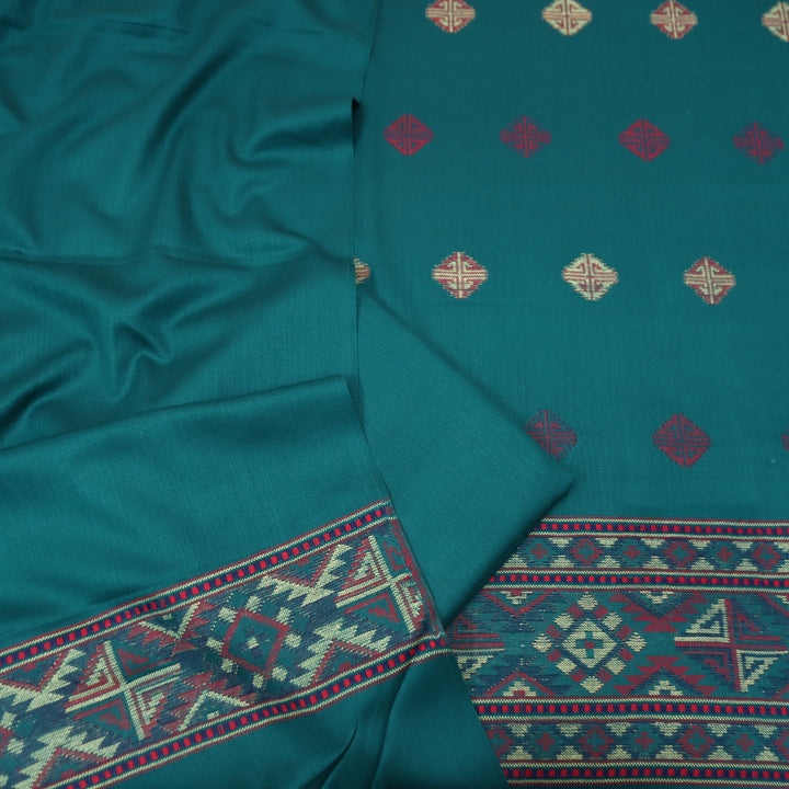 संजीवनी Cerulean Teal Defined by Thread Weaved Hem Semi Pashmina Winter Set