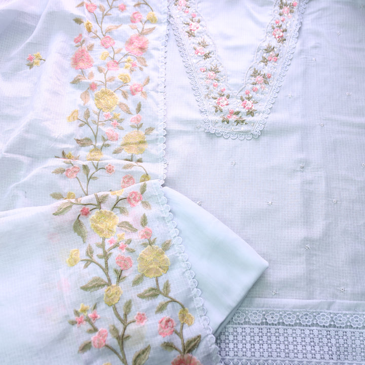 Geet Sky Cloud Grey V Neck Lace with Pearl Patch Work Kota Doriya Suit Set
