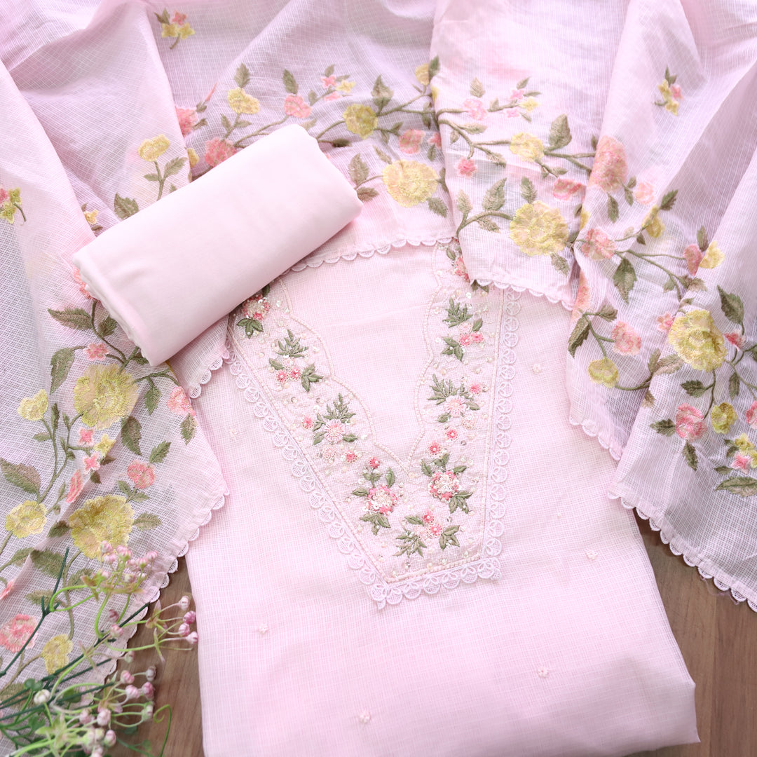 Geet Beach Pink V Neck Lace with Pearl Patch Work Kota Doriya Suit Set