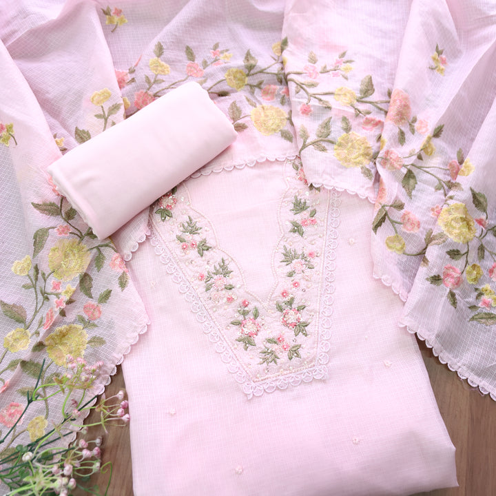 Geet Beach Pink V Neck Lace with Pearl Patch Work Kota Doriya Suit Set