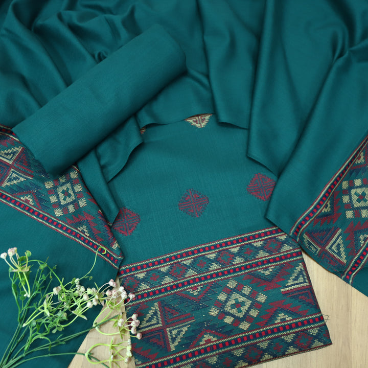 संजीवनी Cerulean Teal Defined by Thread Weaved Hem Semi Pashmina Winter Set