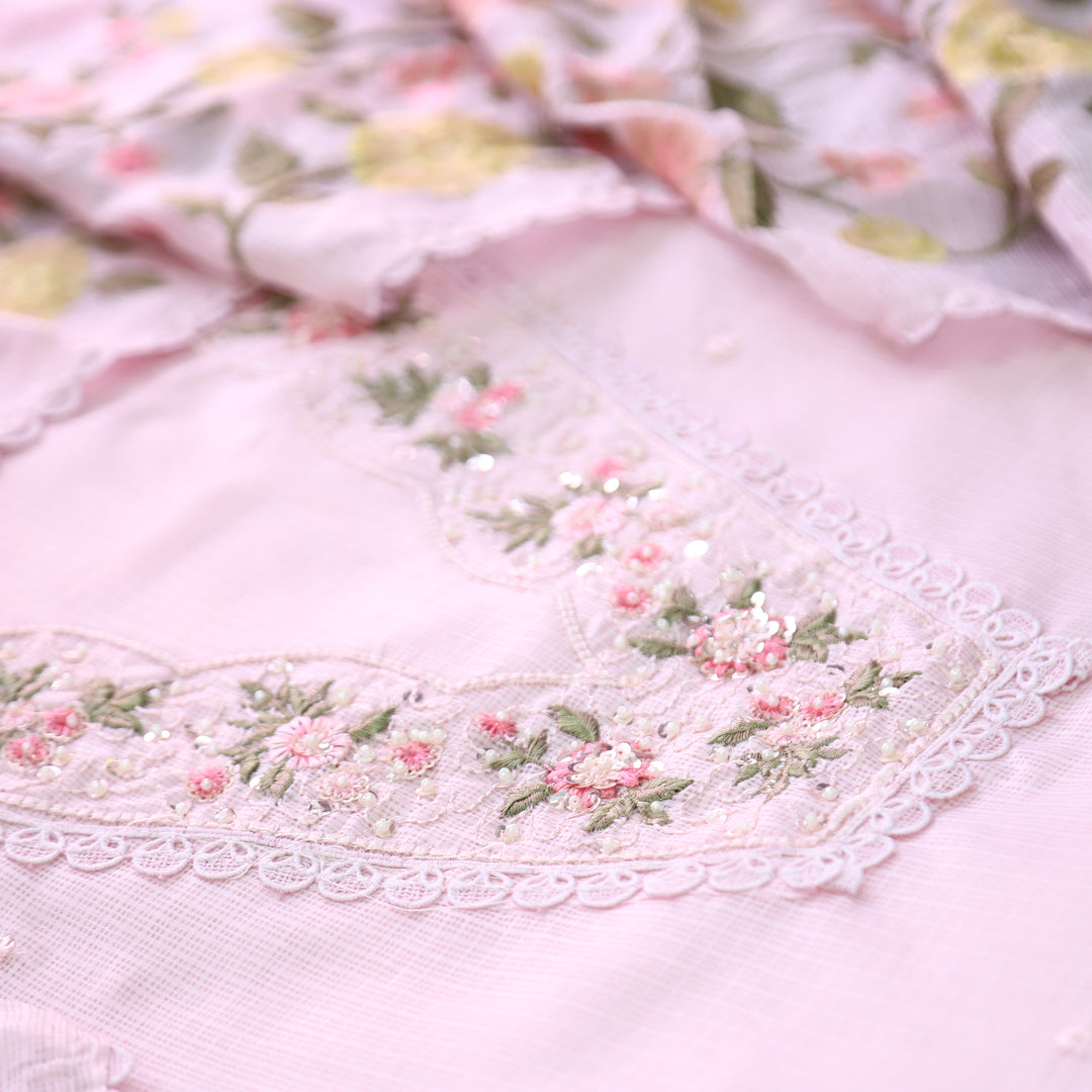 Geet Beach Pink V Neck Lace with Pearl Patch Work Kota Doriya Suit Set