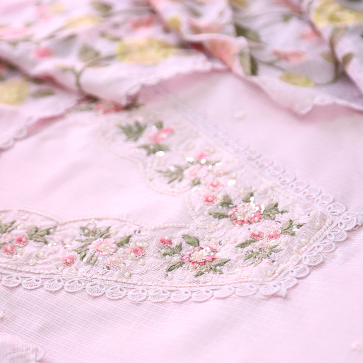 Geet Beach Pink V Neck Lace with Pearl Patch Work Kota Doriya Suit Set