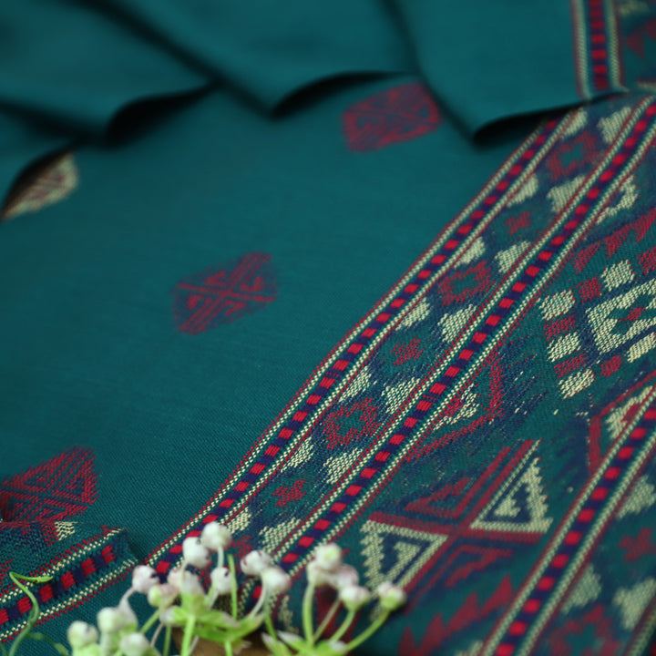 संजीवनी Cerulean Teal Defined by Thread Weaved Hem Semi Pashmina Winter Set