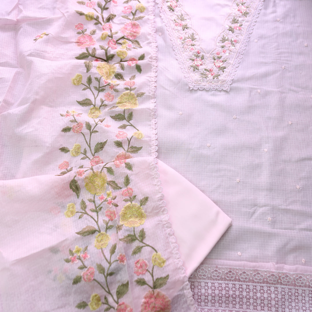 Geet Beach Pink V Neck Lace with Pearl Patch Work Kota Doriya Suit Set