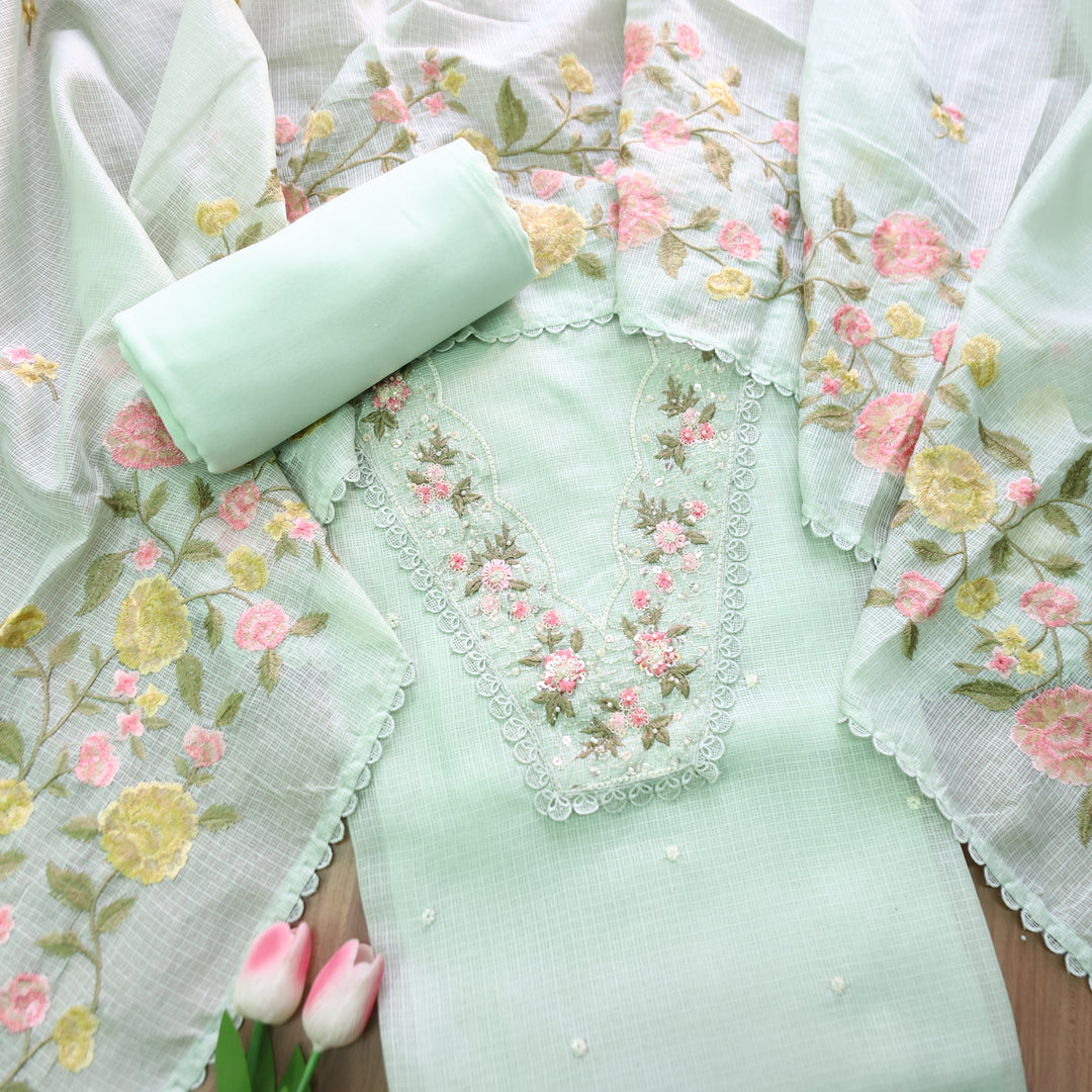 Geet Minty Green V Neck Lace with Pearl Patch Work Kota Doriya Suit Set
