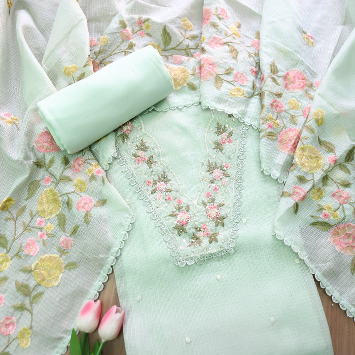 Geet Minty Green V Neck Lace with Pearl Patch Work Kota Doriya Suit Set