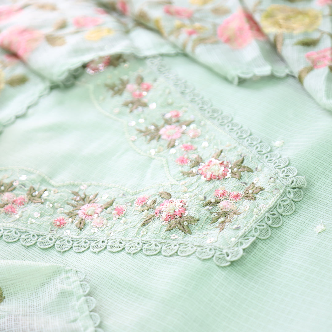 Geet Minty Green V Neck Lace with Pearl Patch Work Kota Doriya Suit Set