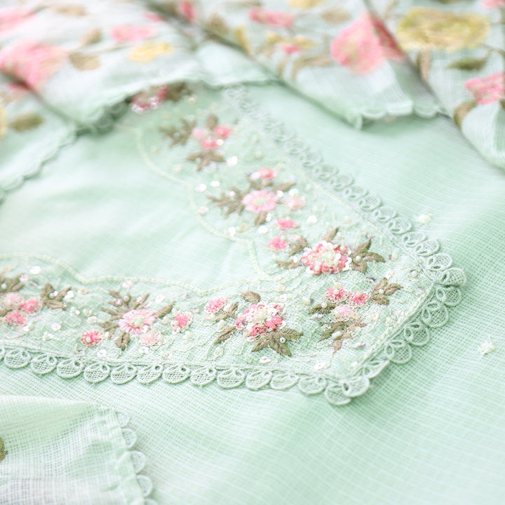 Geet Minty Green V Neck Lace with Pearl Patch Work Kota Doriya Suit Set