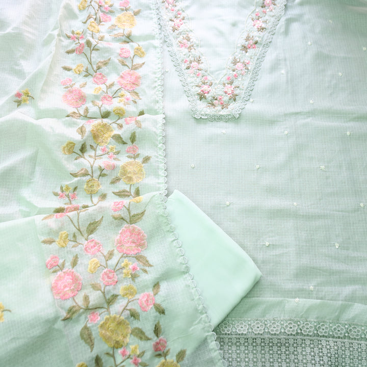Geet Minty Green V Neck Lace with Pearl Patch Work Kota Doriya Suit Set