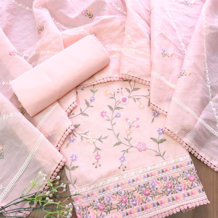 Rajmoli Pumpkin Peach All Over Floral Thread Embroidered Work Kota Doriya Set