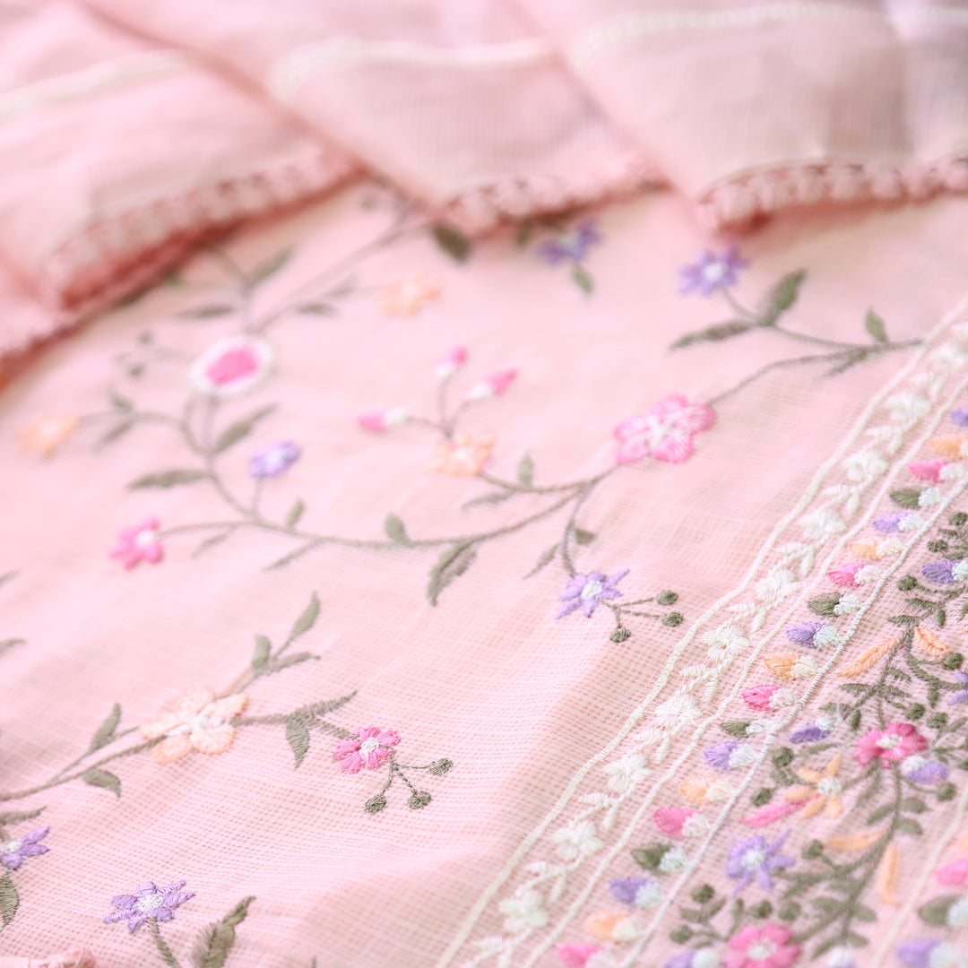 Rajmoli Pumpkin Peach All Over Floral Thread Embroidered Work Kota Doriya Set