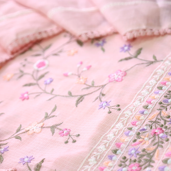 Rajmoli Pumpkin Peach All Over Floral Thread Embroidered Work Kota Doriya Set