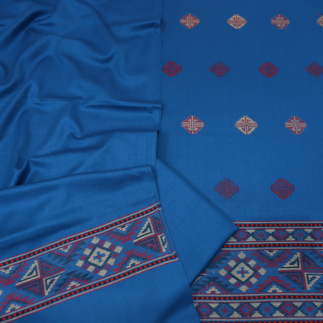संजीवनी Cerulean Blue Defined by Thread Weaved Hem Semi Pashmina Winter Set