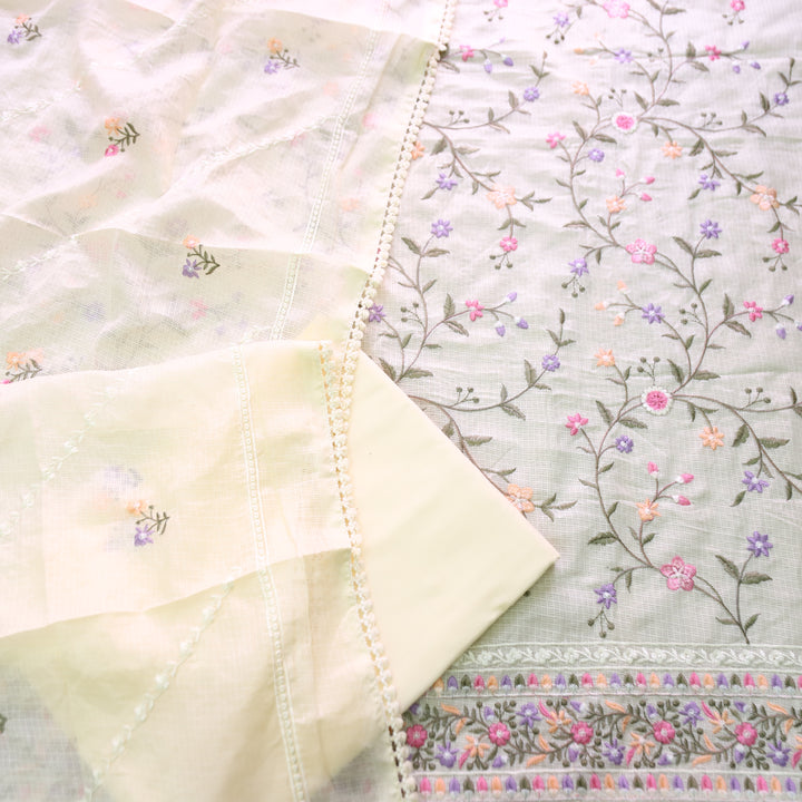 Rajmoli Buttermilk Yellow All Over Floral Thread Embroidered Work Kota Doriya Set