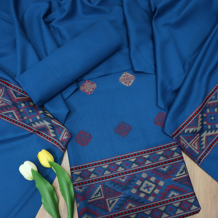 संजीवनी Cerulean Blue Defined by Thread Weaved Hem Semi Pashmina Winter Set