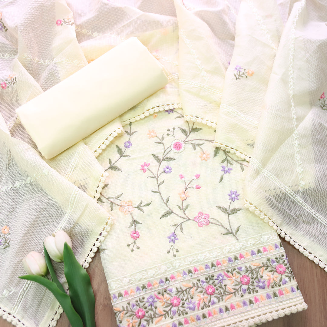 Rajmoli Buttermilk Yellow All Over Floral Thread Embroidered Work Kota Doriya Set