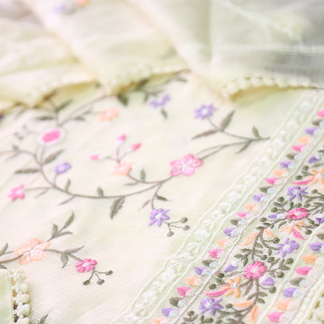 Rajmoli Buttermilk Yellow All Over Floral Thread Embroidered Work Kota Doriya Set