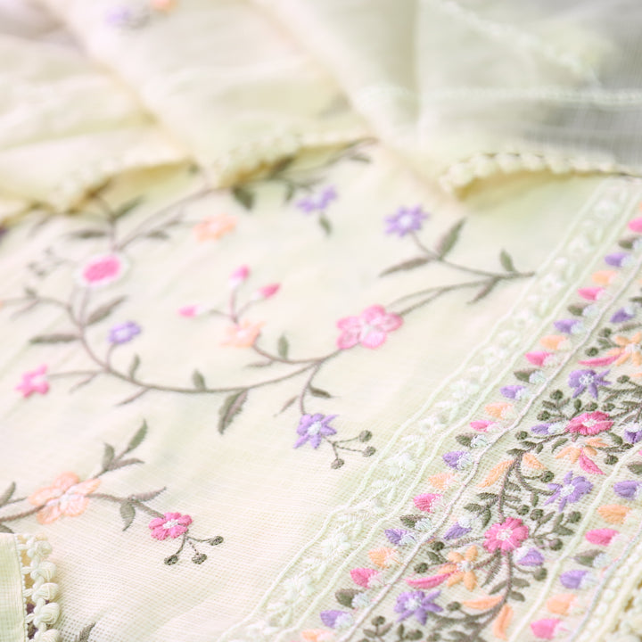Rajmoli Buttermilk Yellow All Over Floral Thread Embroidered Work Kota Doriya Set