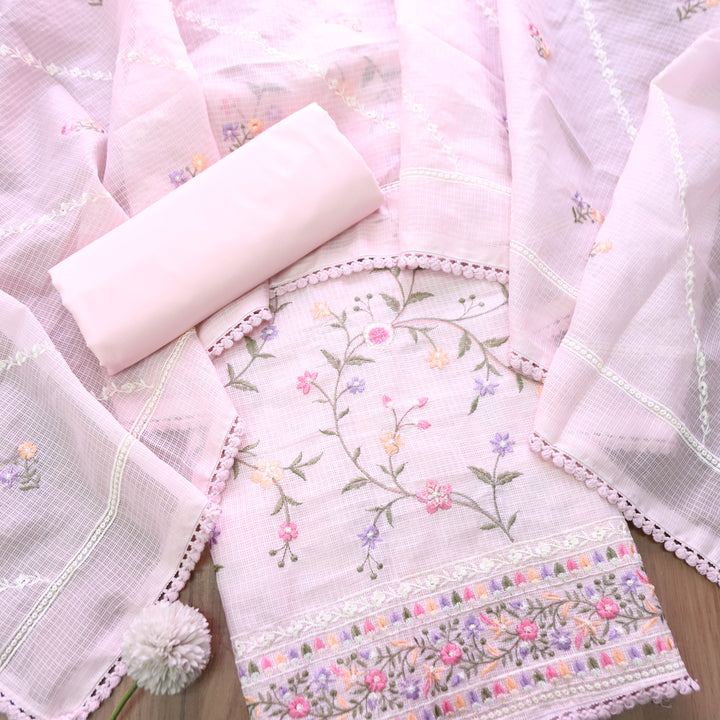 Rajmoli Soft Glam Pink All Over Floral Thread Embroidered Work Kota Doriya Set