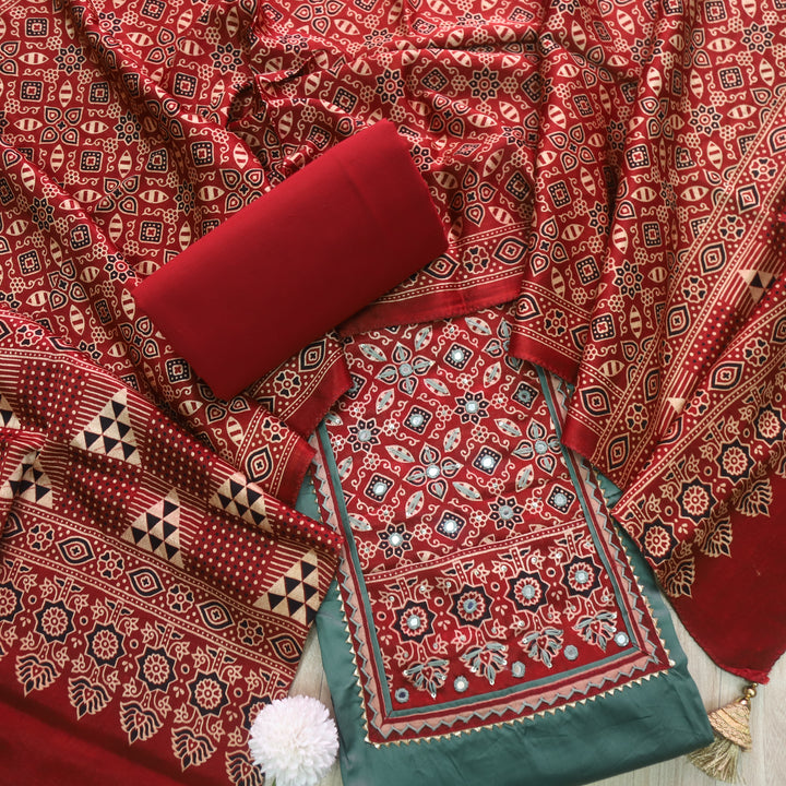 Safar Dusty Green Printed Work Neck Glazed Cotton Suit with Mashru Dupatta -D1