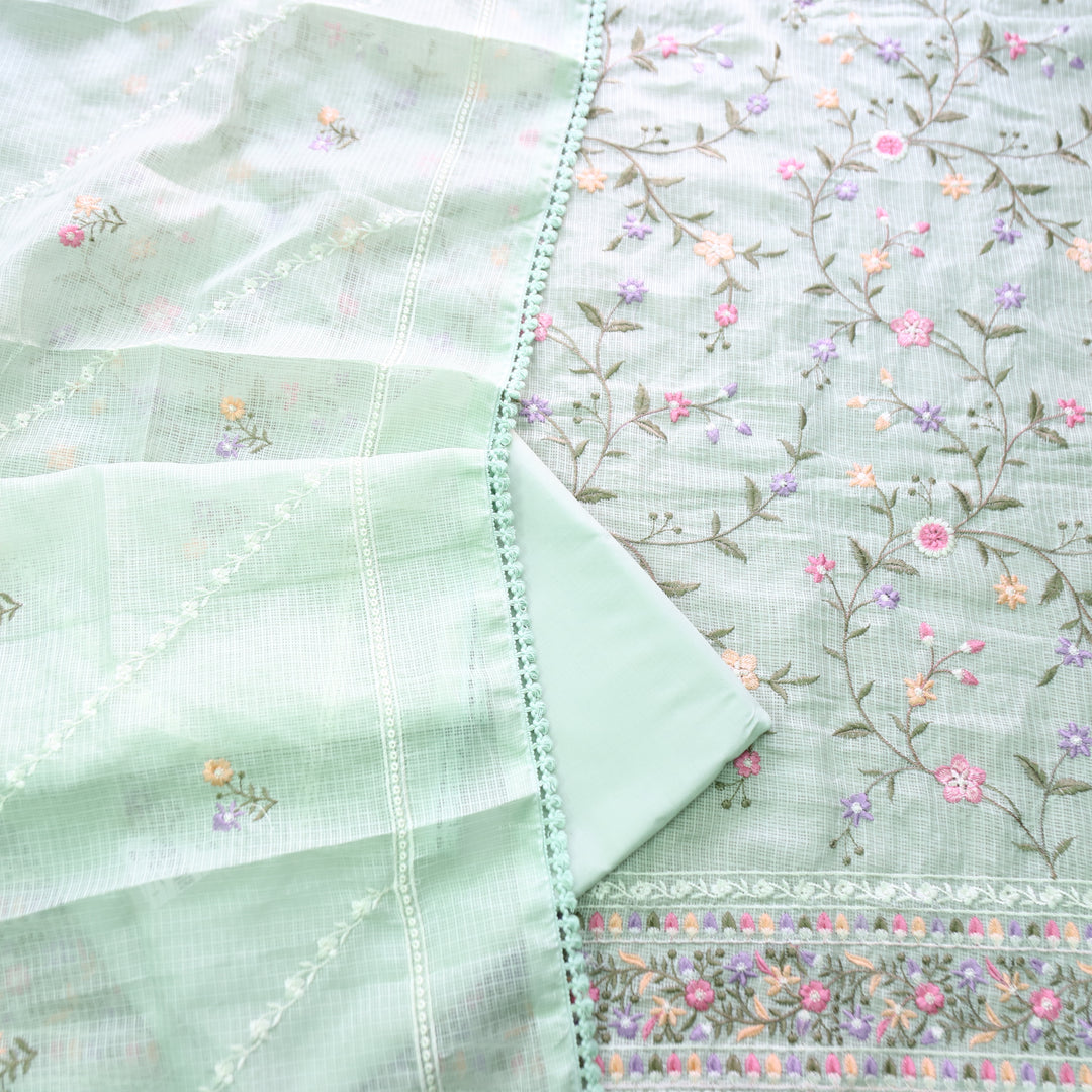 Rajmoli Minty Green All Over Floral Thread Embroidered Work Kota Doriya Set