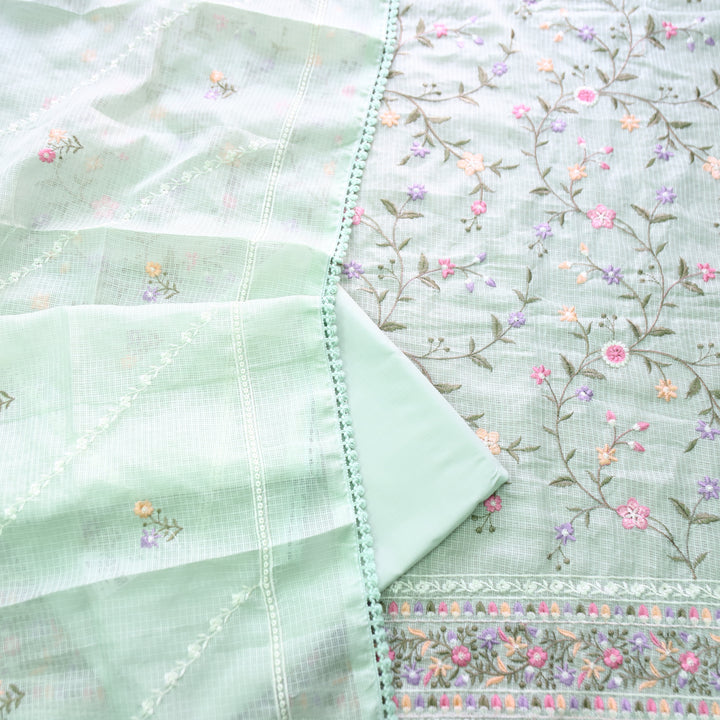 Rajmoli Minty Green All Over Floral Thread Embroidered Work Kota Doriya Set