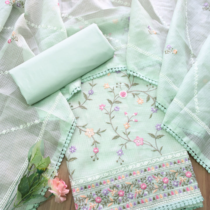 Rajmoli Minty Green All Over Floral Thread Embroidered Work Kota Doriya Set