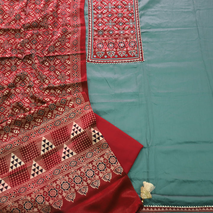 Safar Dusty Green Printed Work Neck Glazed Cotton Suit with Mashru Dupatta -D1