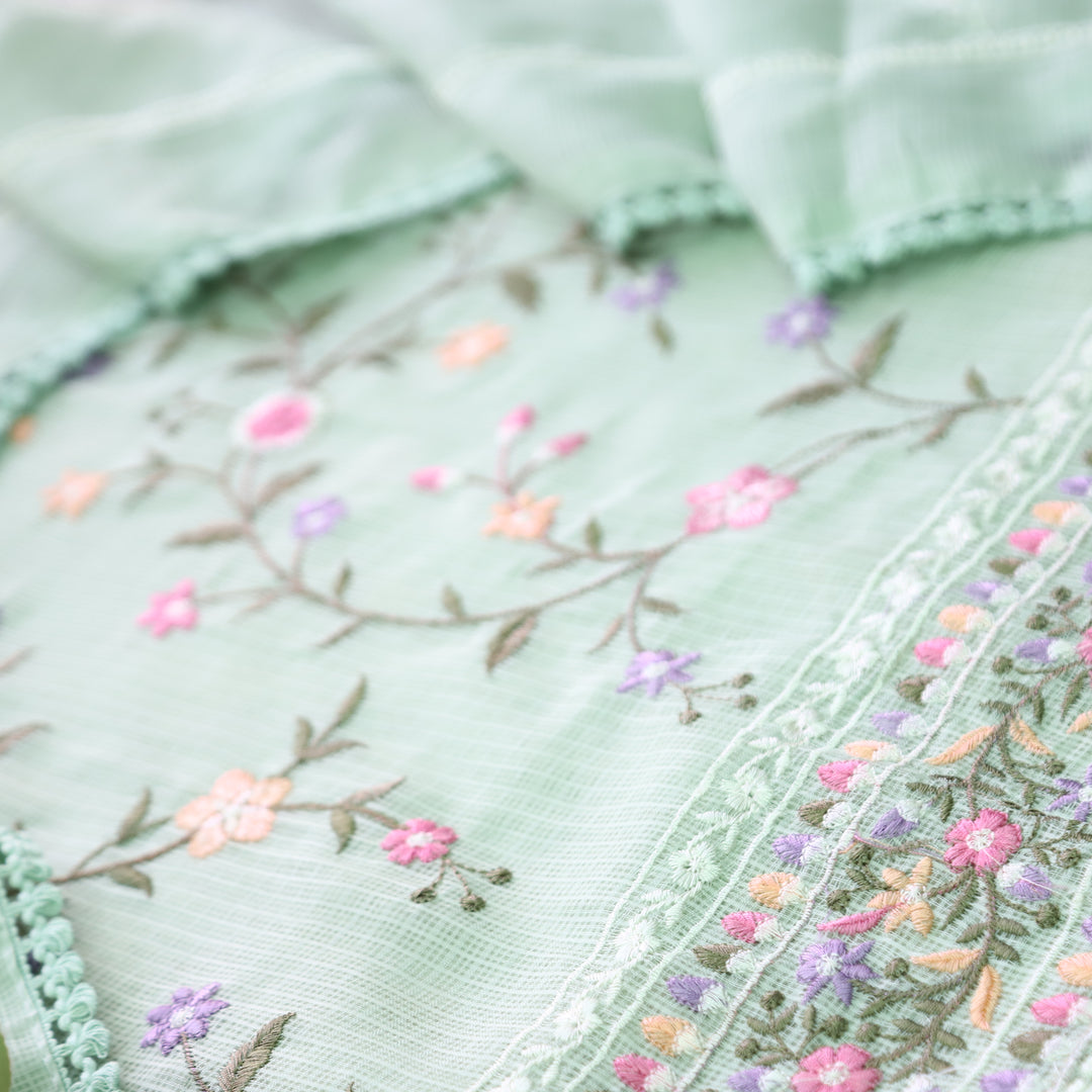 Rajmoli Minty Green All Over Floral Thread Embroidered Work Kota Doriya Set