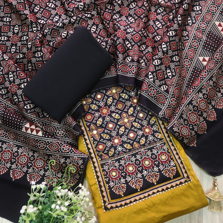 Safar Dijon Yellow Printed Work Neck Glazed Cotton Suit with Mashru Dupatta-D1