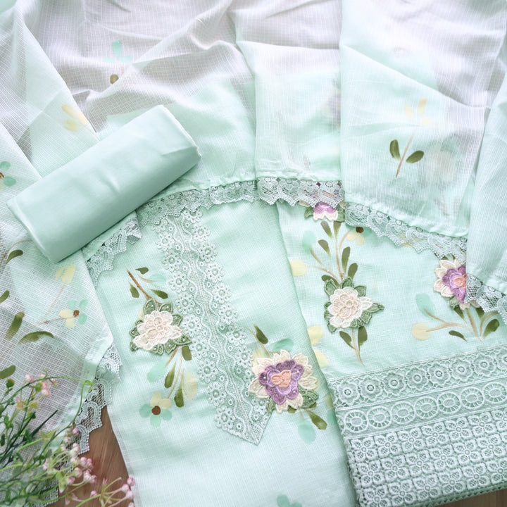 Mahiya Sea Form Green Lace Work Neck and Hem with Floral Patch Kota Doriya Suit Set