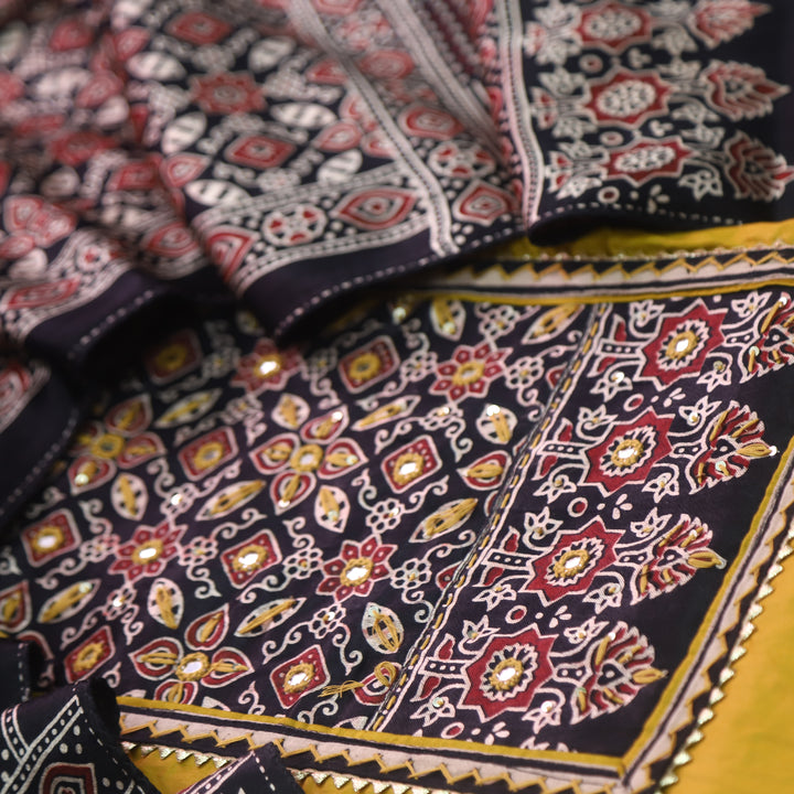 Safar Dijon Yellow Printed Work Neck Glazed Cotton Suit with Mashru Dupatta-D1