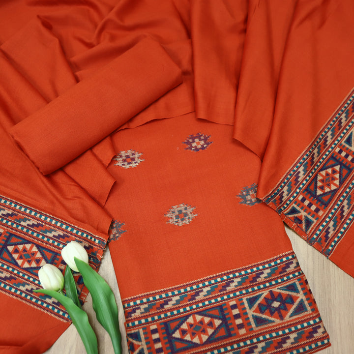 संजीवनी Rust Orange Defined by Thread Weaved Hem Semi Pashmina Winter Set