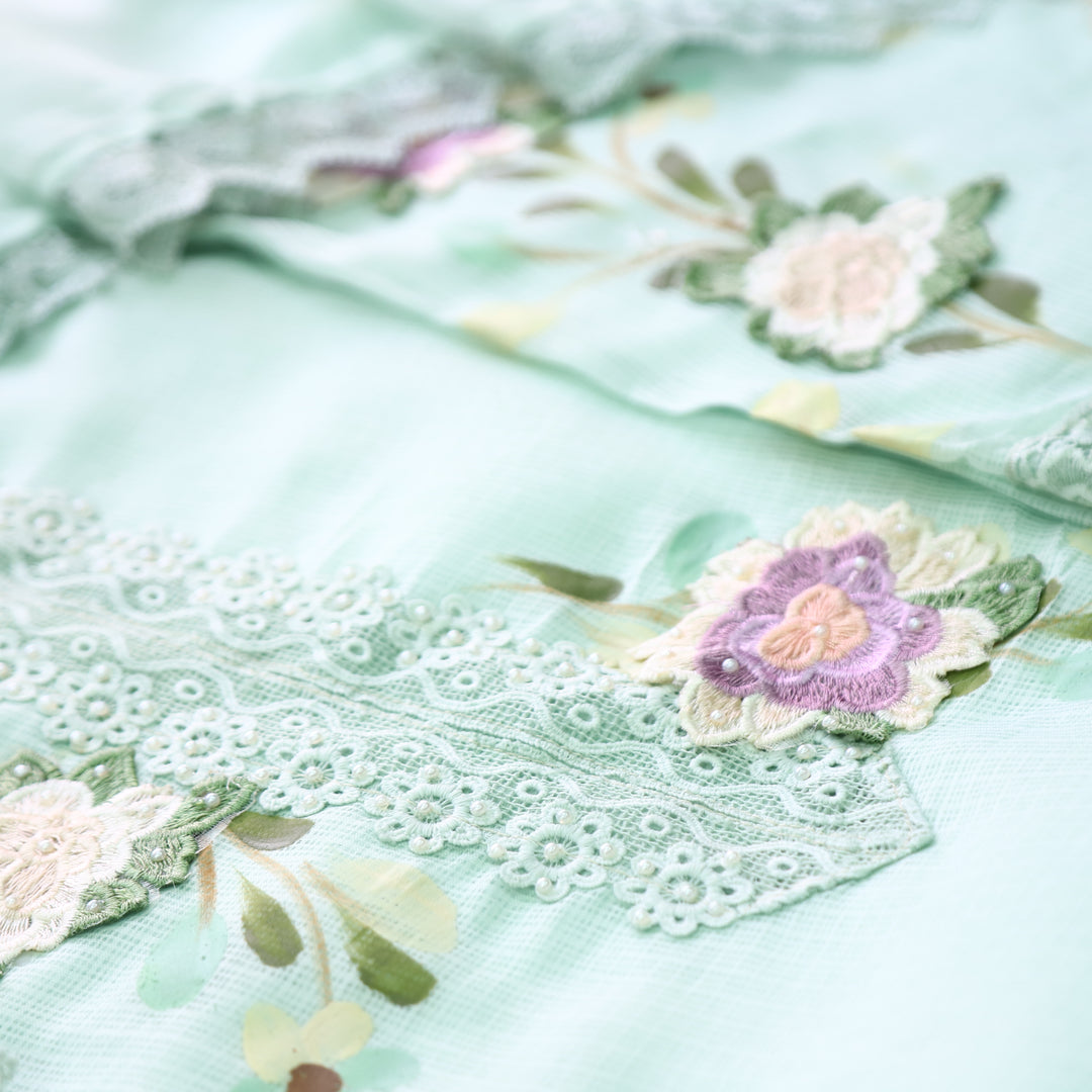 Mahiya Sea Form Green Lace Work Neck and Hem with Floral Patch Kota Doriya Suit Set