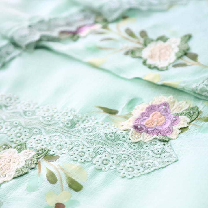 Mahiya Sea Form Green Lace Work Neck and Hem with Floral Patch Kota Doriya Suit Set