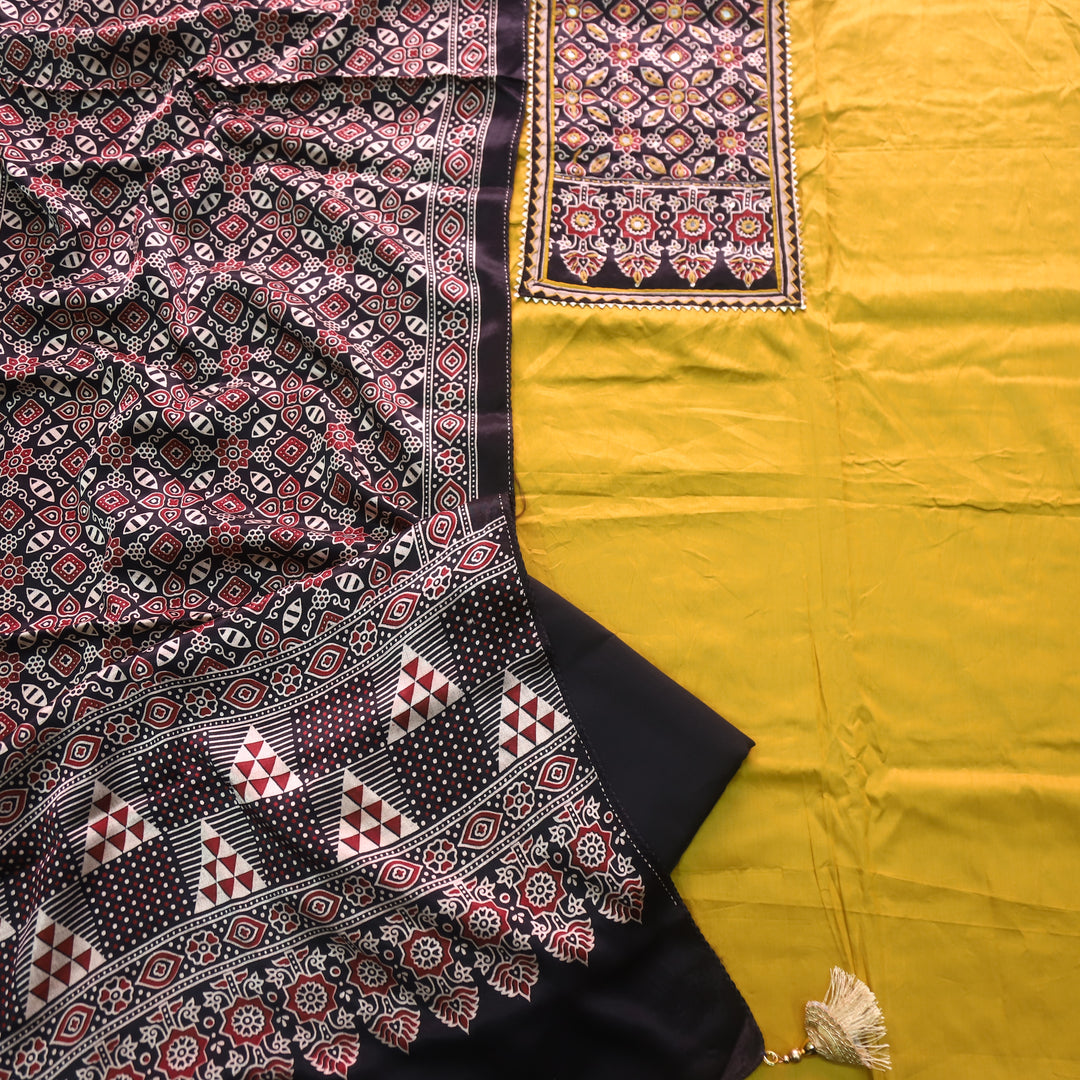 Safar Dijon Yellow Printed Work Neck Glazed Cotton Suit with Mashru Dupatta-D1