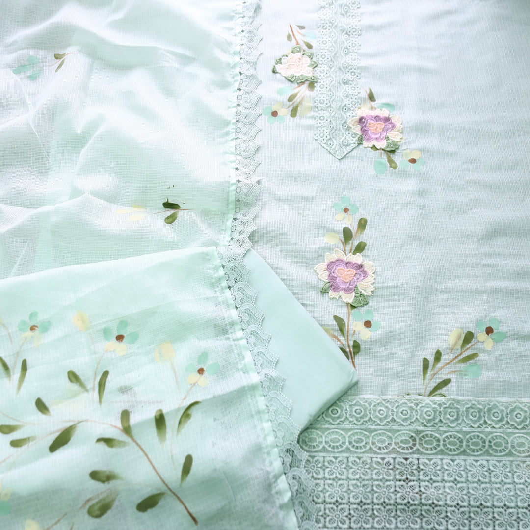Mahiya Sea Form Green Lace Work Neck and Hem with Floral Patch Kota Doriya Suit Set