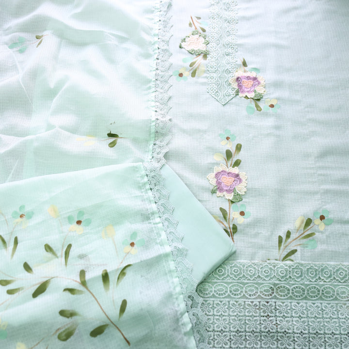 Mahiya Sea Form Green Lace Work Neck and Hem with Floral Patch Kota Doriya Suit Set