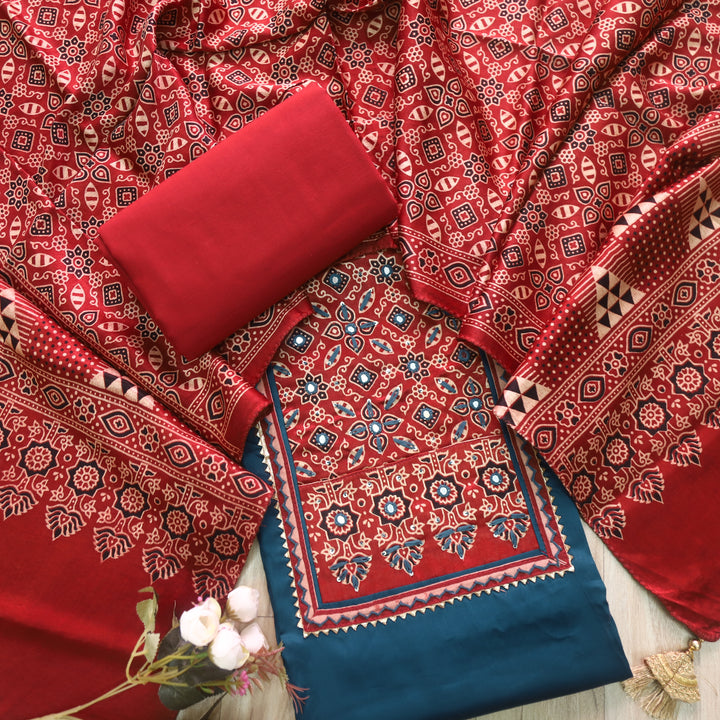 Safar Orford Blue Printed Work Neck Glazed Cotton Suit with Mashru Dupatta-D1