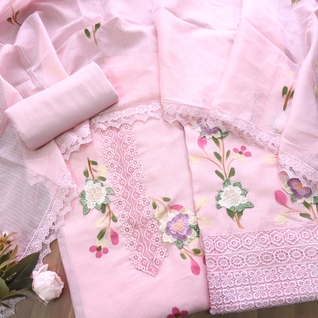 Mahiya Petal Pink Lace Work Neck and Hem with Floral Patch Kota Doriya Suit Set