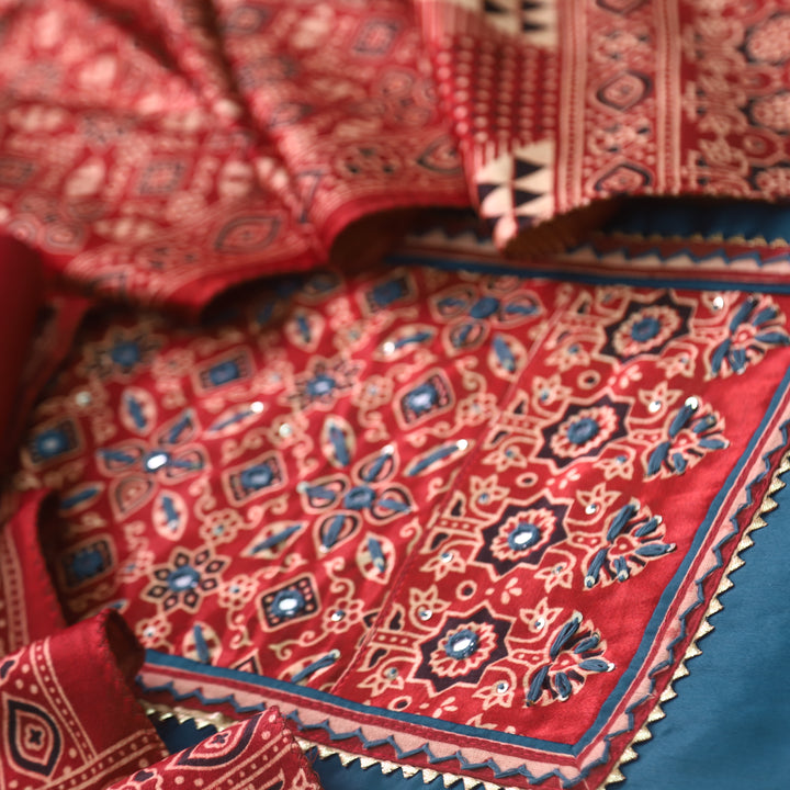 Safar Orford Blue Printed Work Neck Glazed Cotton Suit with Mashru Dupatta-D1