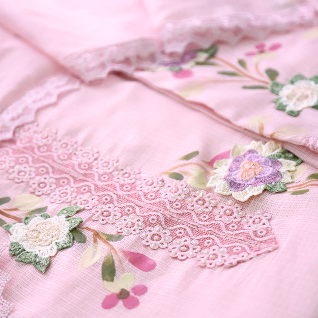Mahiya Petal Pink Lace Work Neck and Hem with Floral Patch Kota Doriya Suit Set