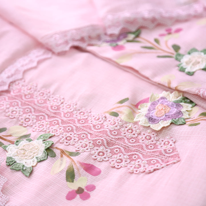 Mahiya Petal Pink Lace Work Neck and Hem with Floral Patch Kota Doriya Suit Set