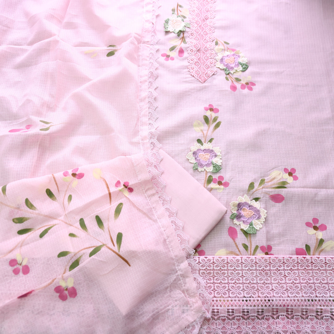 Mahiya Petal Pink Lace Work Neck and Hem with Floral Patch Kota Doriya Suit Set