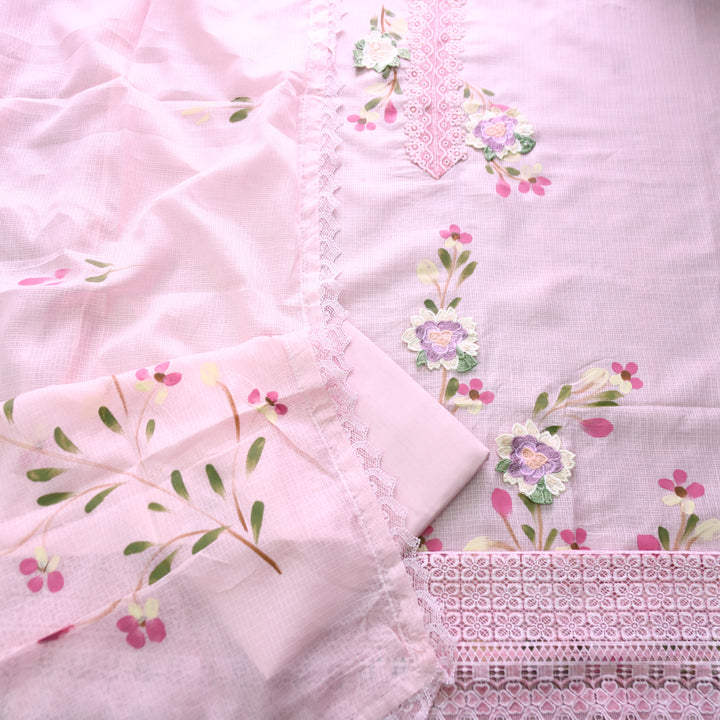 Mahiya Petal Pink Lace Work Neck and Hem with Floral Patch Kota Doriya Suit Set