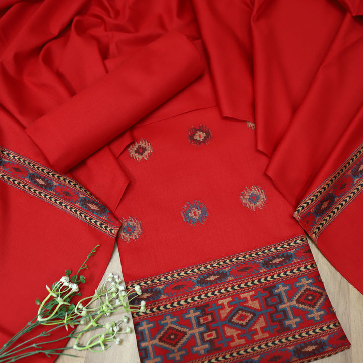 संजीवनी Berry Red Defined by Thread Weaved Hem Semi Pashmina Winter Set