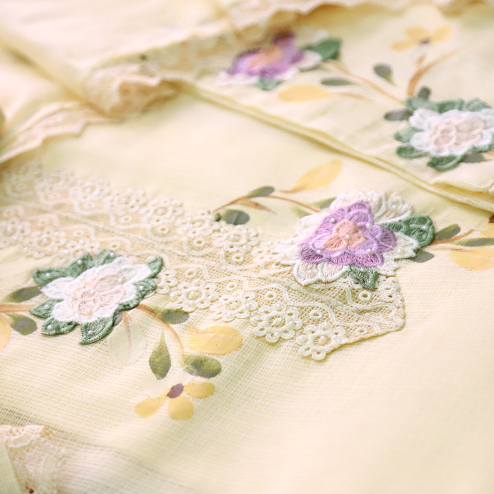 Mahiya Butter Yellow Lace Work Neck and Hem with Floral Patch Kota Doriya Suit Set