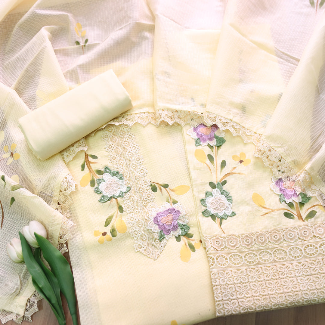 Mahiya Butter Yellow Lace Work Neck and Hem with Floral Patch Kota Doriya Suit Set