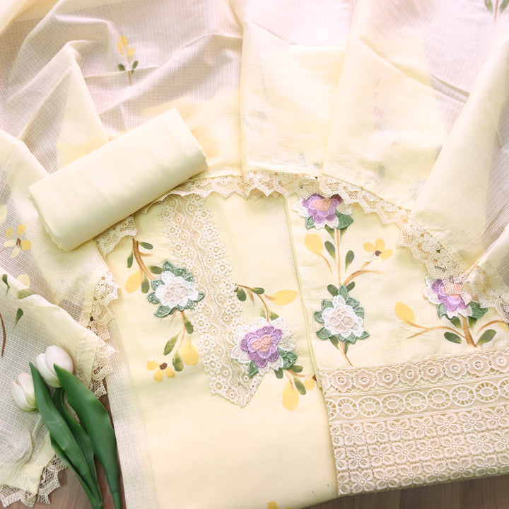 Mahiya Butter Yellow Lace Work Neck and Hem with Floral Patch Kota Doriya Suit Set